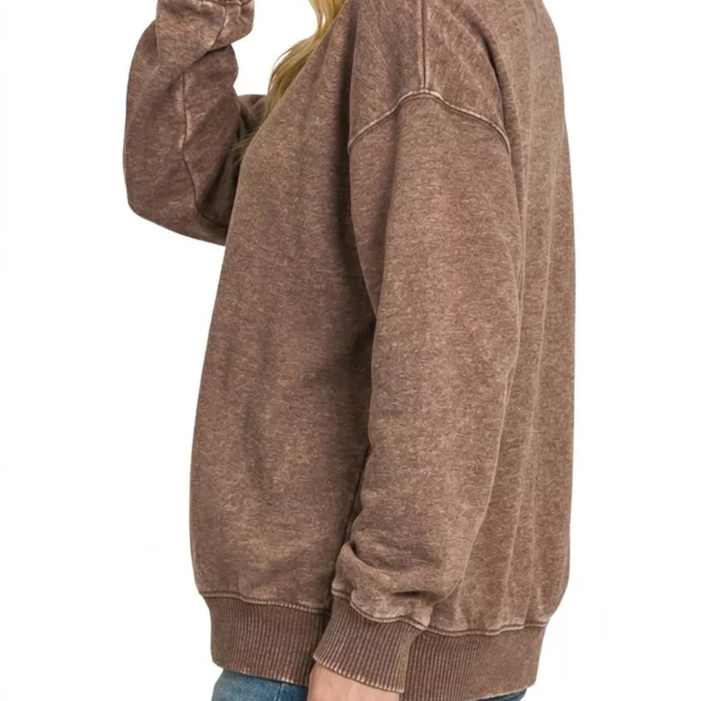 Casual streetwear outfit styling with a Zenana acid wash fleece crewneck sweatshirt from Solazura Boutique