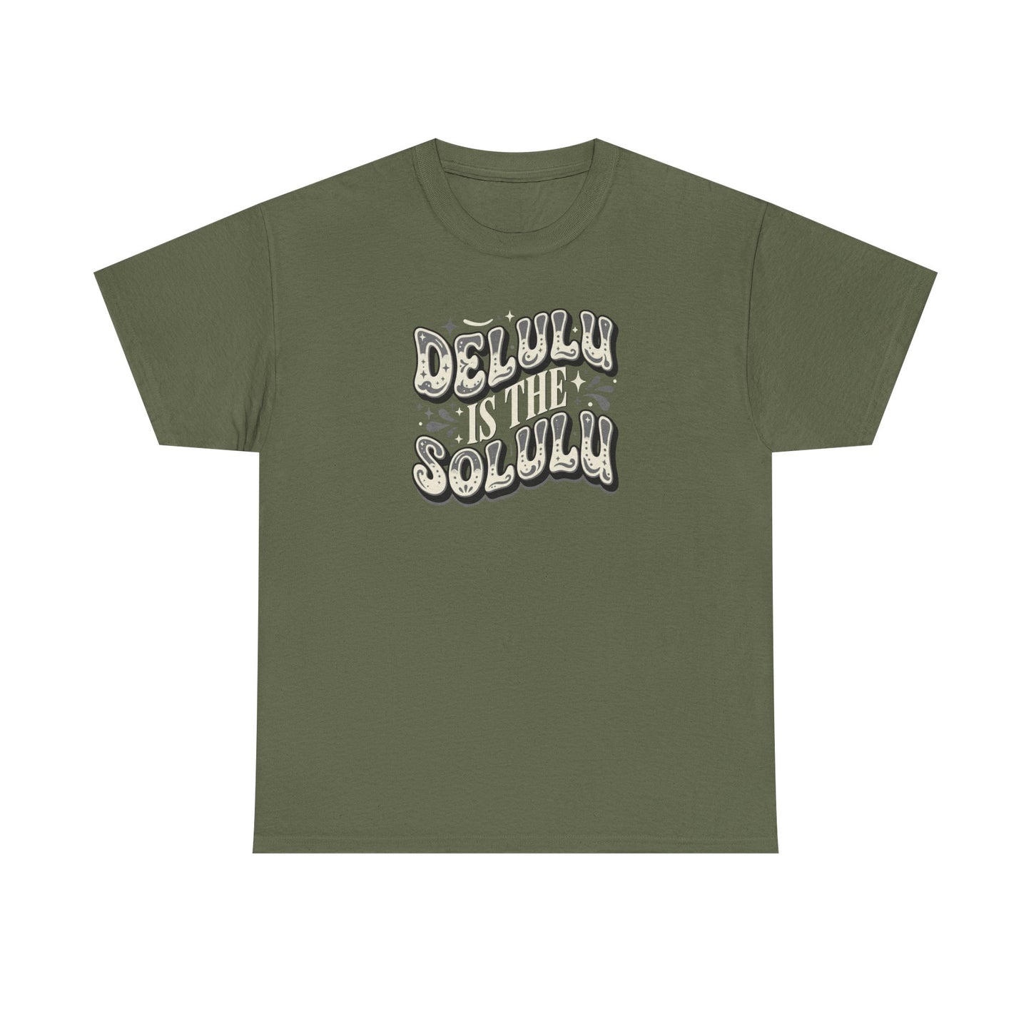 Delulu Is The Solulu Graphic Tee in Military Green - Front View
