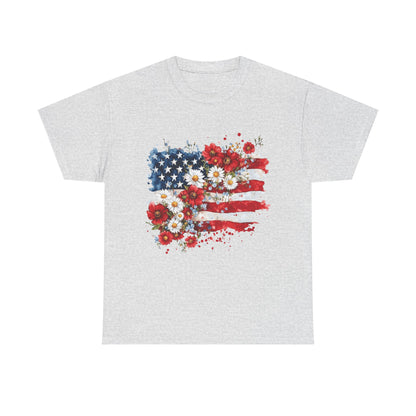 Floral Flag Patriotic T-Shirt in Ash - Front View
