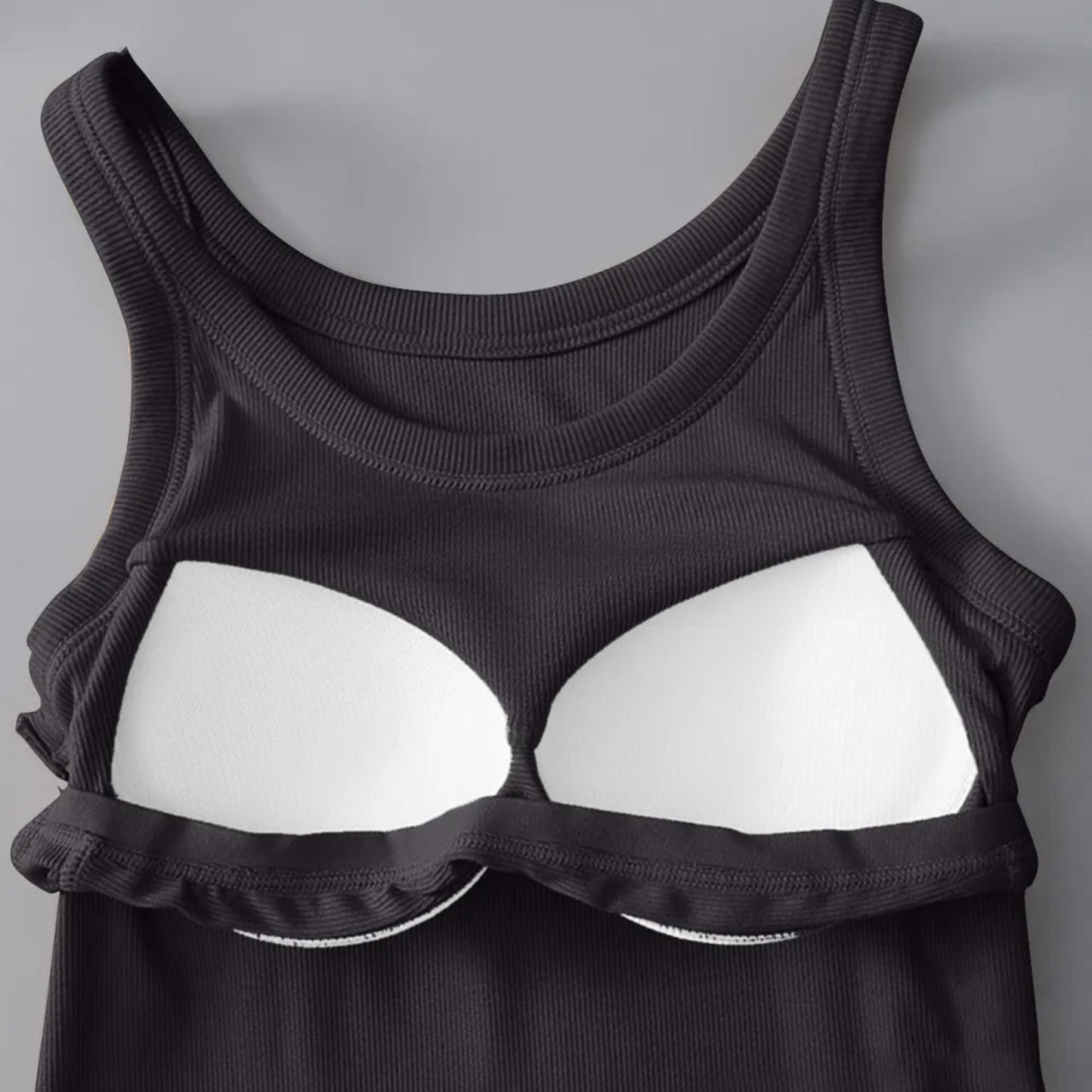 Round Neck Tank with Bra in Dark Gray - Detail View
