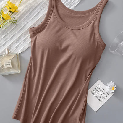 Round Neck Tank with Bra in Khaki - Front View