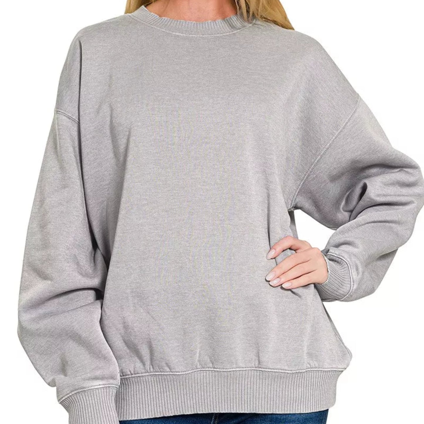 Front view of a casual vintage fit sleet grey Zenana acid wash pullover crewneck from Solazura Boutique