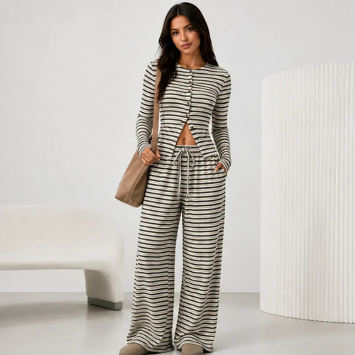 2 piece women's striped pants set in black with button front cardigan and wide leg pants
