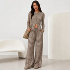 2 piece women's striped pants set in brown with button front cardigan and wide leg pants