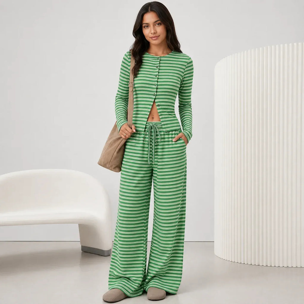 2 piece women's striped pants set in green with button front cardigan and wide leg pants