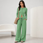 2 piece women's striped pants set in green with button front cardigan and wide leg pants