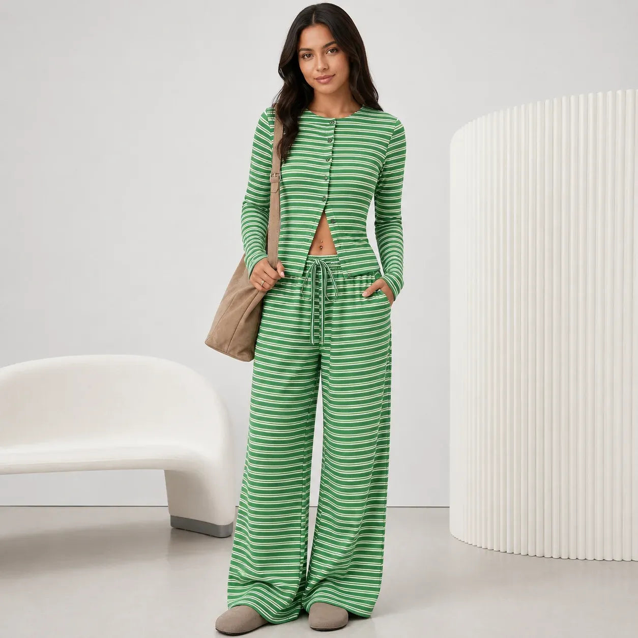 2 piece women's striped pants set in green with button front cardigan and wide leg pants