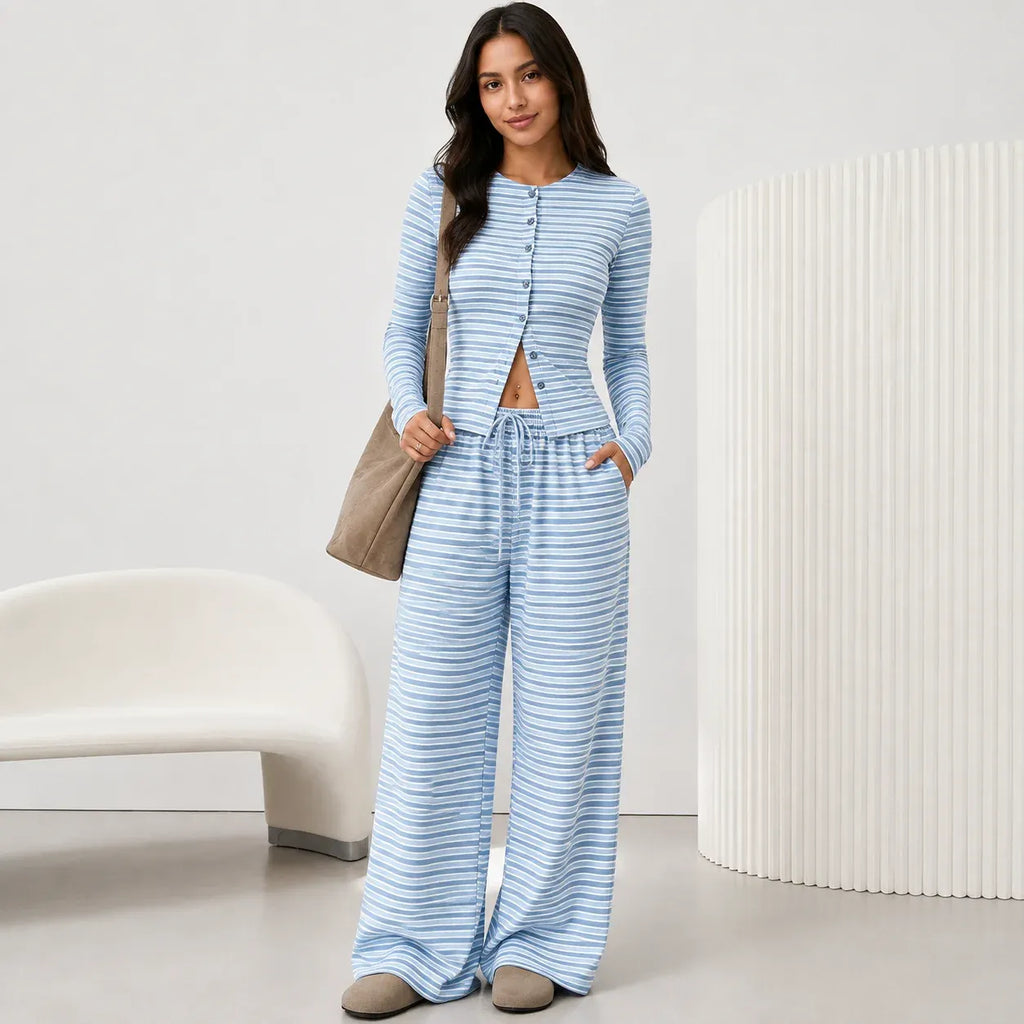 2 piece women's striped pants set in sky blue with button front cardigan and wide leg pants