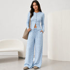 2 piece women's striped pants set in sky blue with button front cardigan and wide leg pants