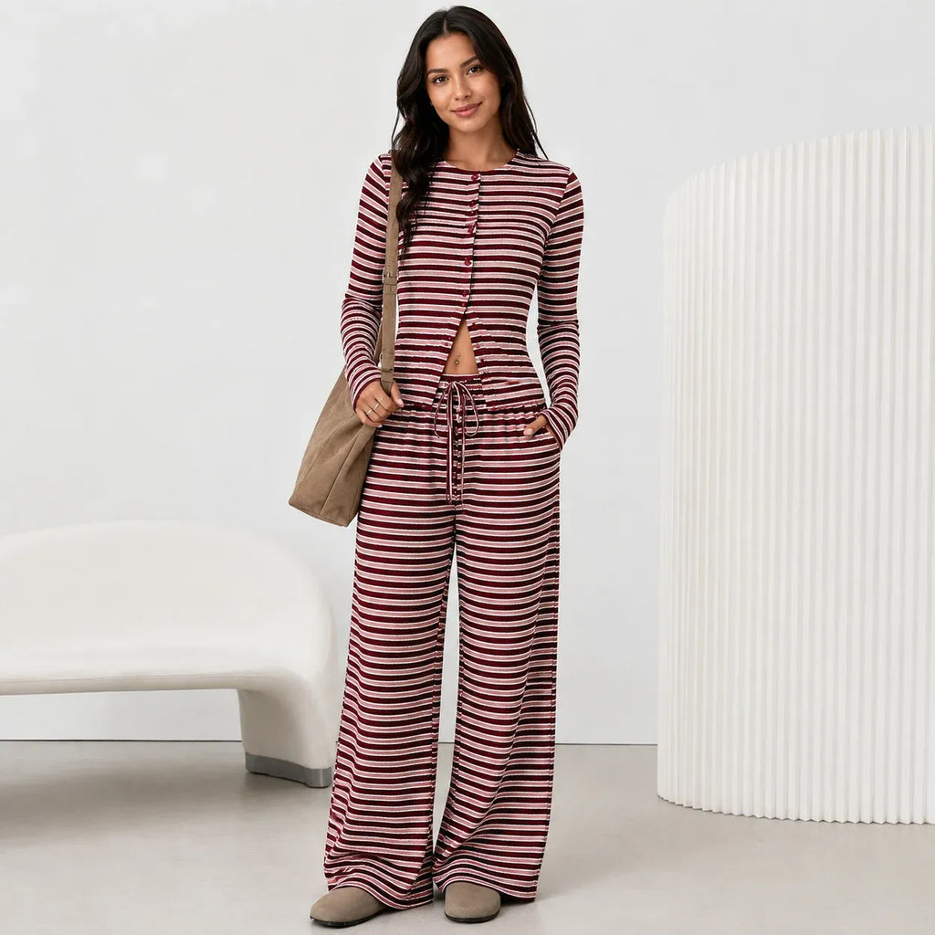 2 piece women's striped pants set in wine red with button front cardigan and wide leg pants