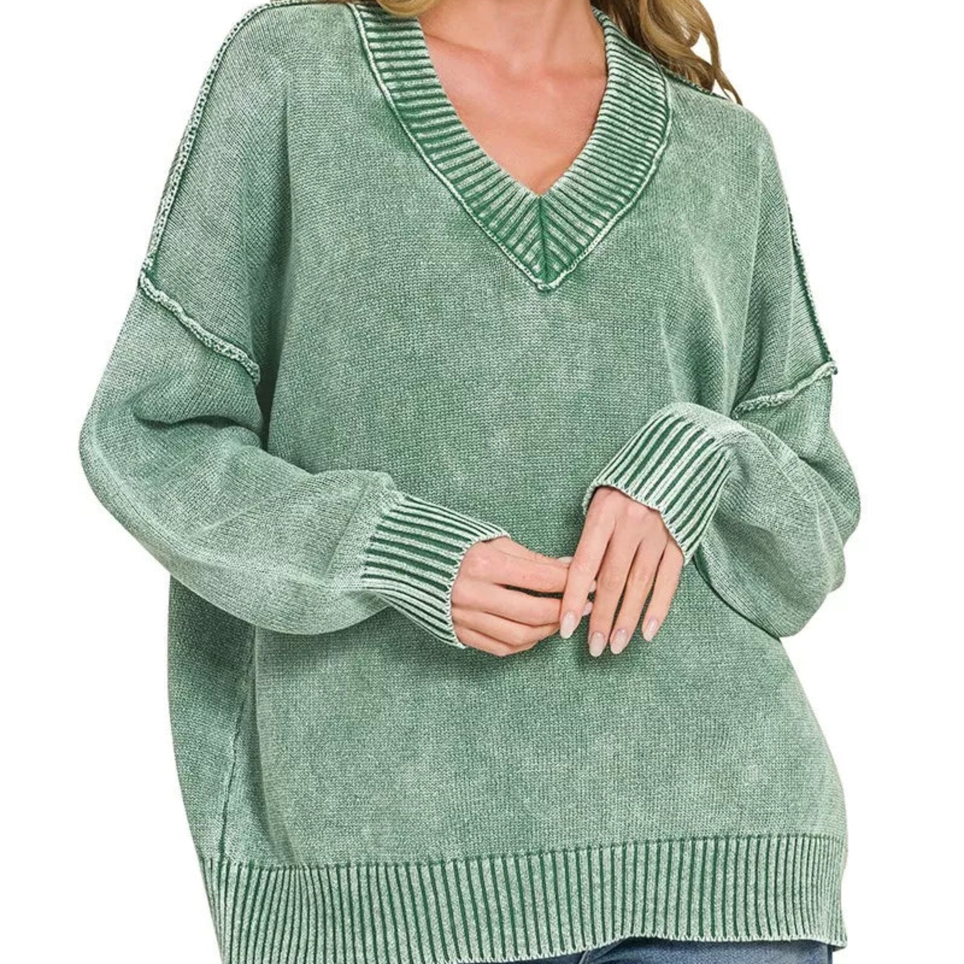Front view of a casual vintage fit green Zenana washed deep V-neck knit pullover from Solazura Boutique
