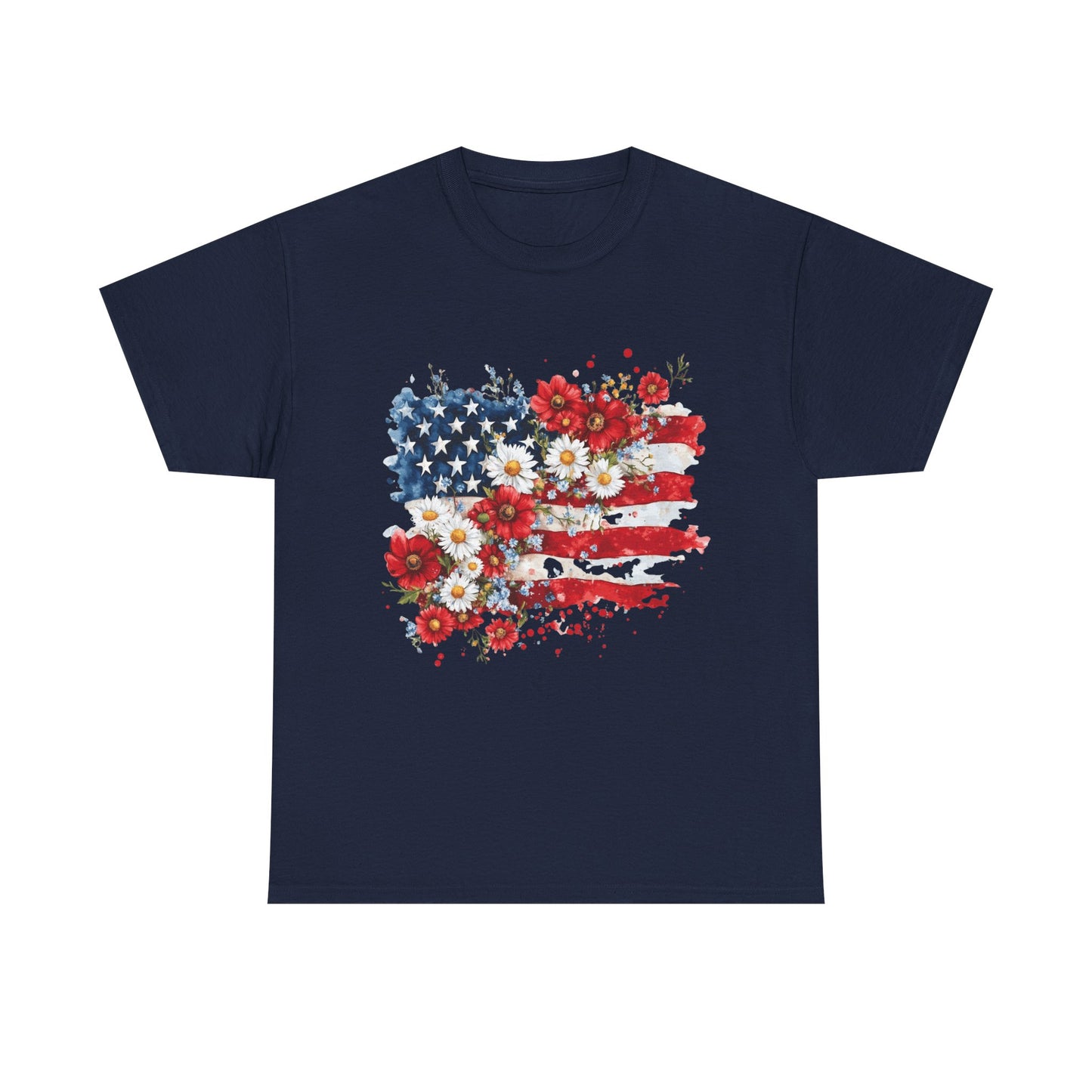 Floral Flag Patriotic T-Shirt in Navy - Front View
