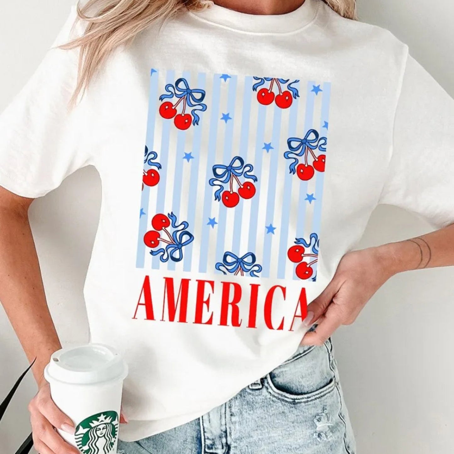 Bow Cherry AMERICA Graphic Crewneck Patriotic T-Shirt in White - Detail View