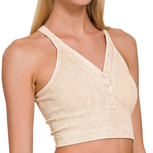 Zenana Washed Ribbed Seamless Button V-Neck Tank Top in Sand Beige - Front View