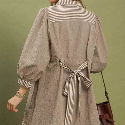 Back view of the brown striped puff sleeve mini dress showing rear bodice fit from Solazura Boutique