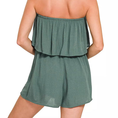 Zenana Woven Crinkle Strapless Romper in Ash Jade - Lifestyle View