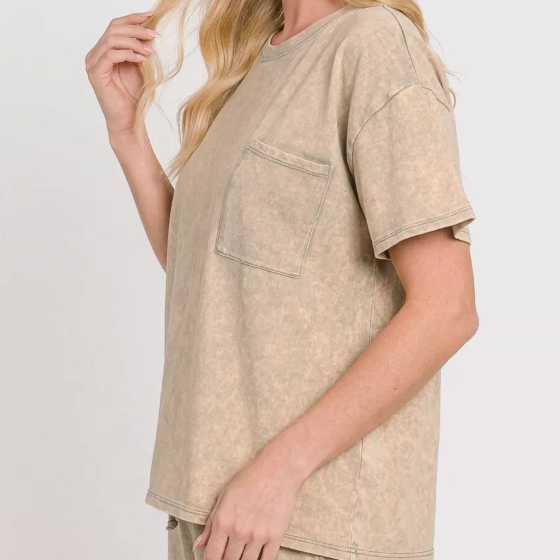 Zenana French Terry Acid Washed Relaxed Top And Short Set in Sleet-Side View