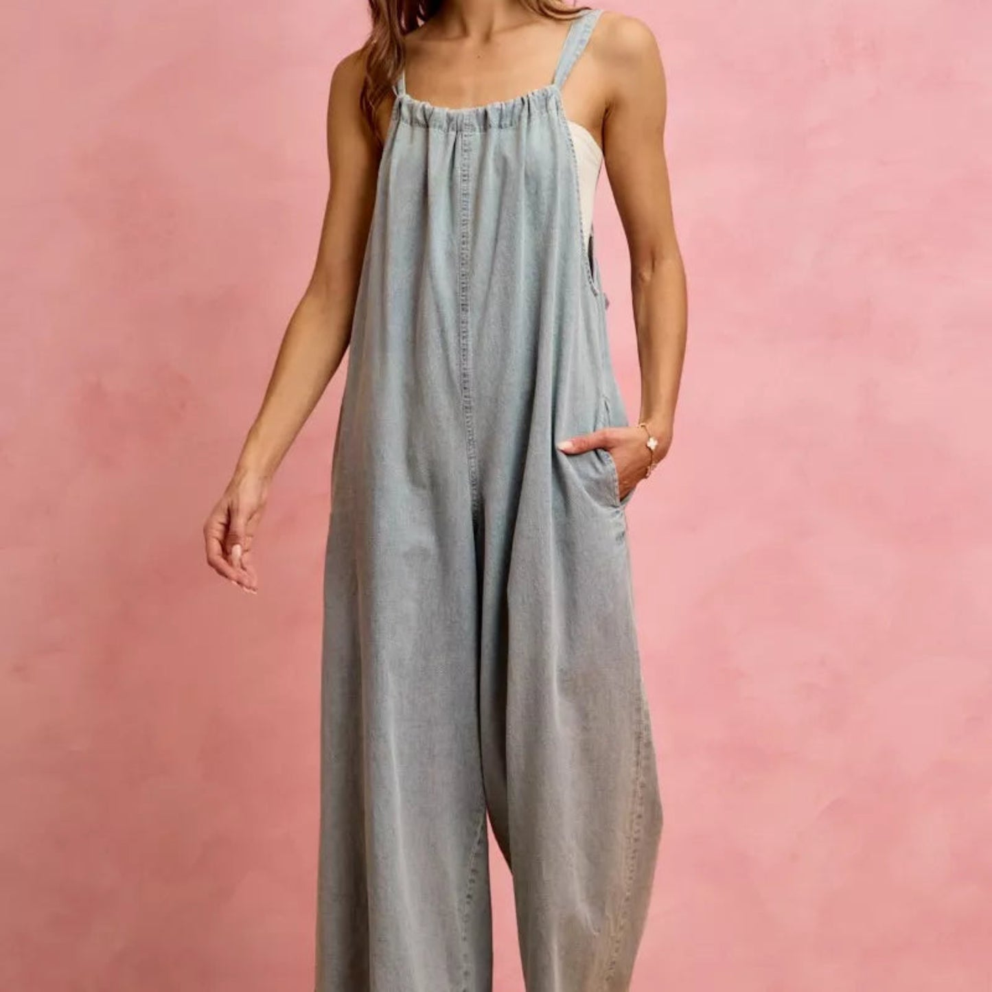 SO ME Wide Leg Lightweight Denim Overalls in Light Denim - Lifestyle View 2 