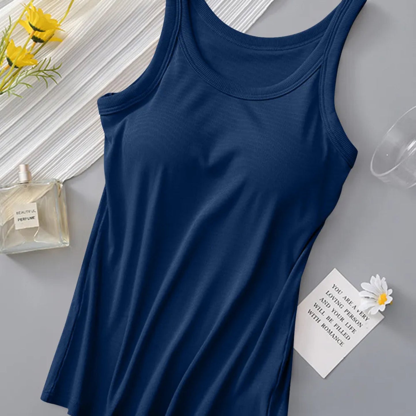 Round Neck Tank with Bra in Dark Blue - Lifestyle View