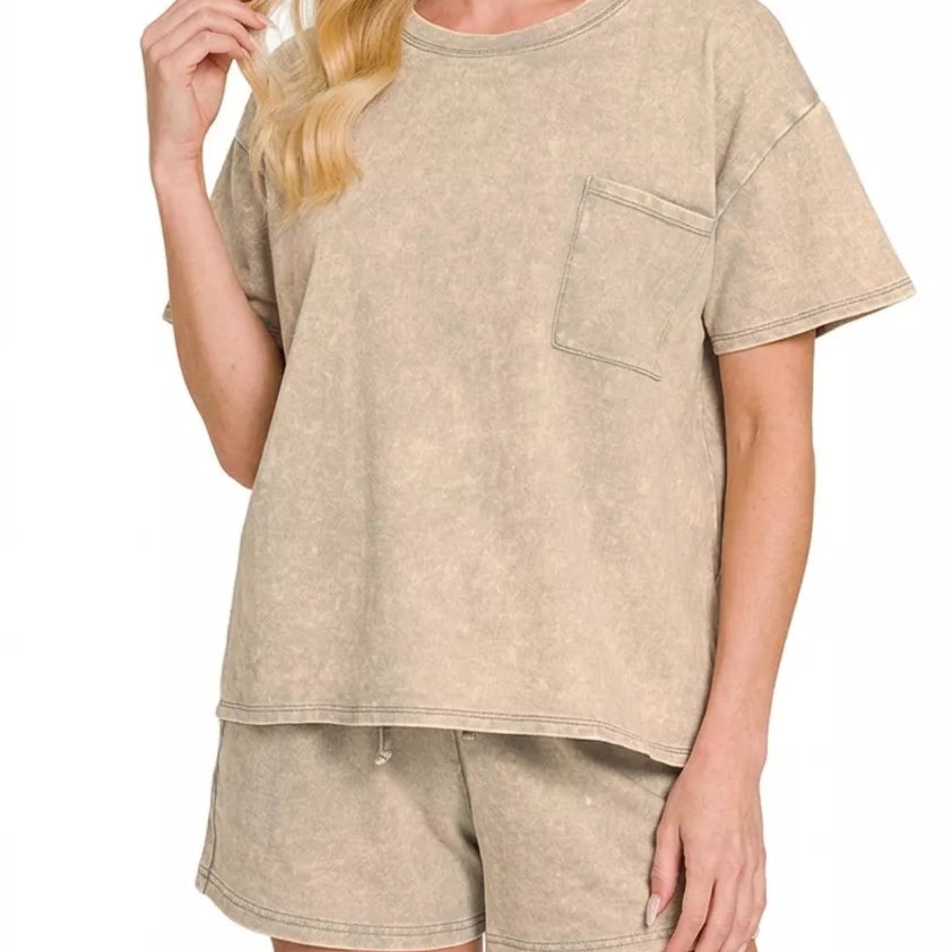 Zenana French Terry Acid Washed Relaxed Top And Short Set in Sleet - Lifestyle View