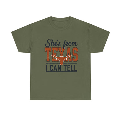 She's From Texas I Can Tell T-Shirt in Military Green - Front View