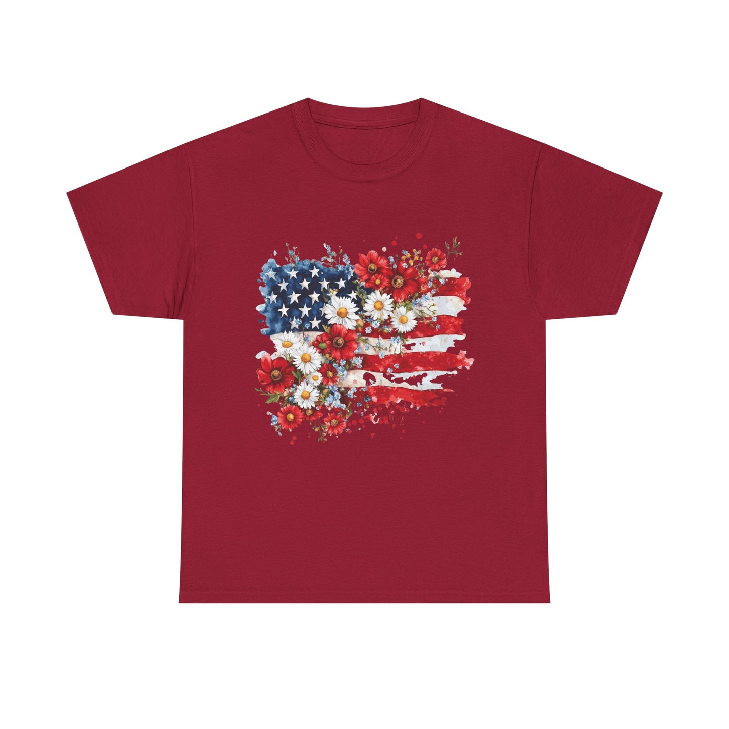 Floral Flag Patriotic T-Shirt in Cardinal Red - Front View
