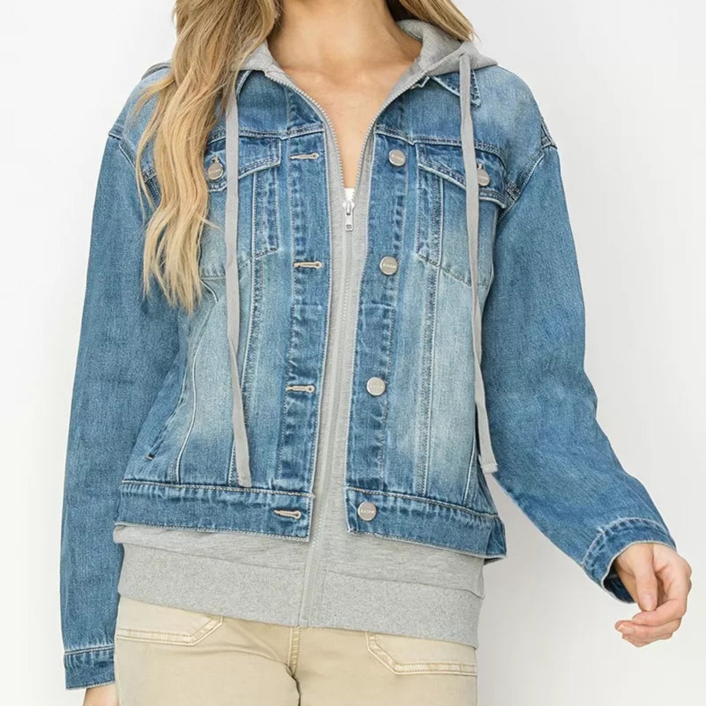 RISEN Oversized Hoodie Jacket in Medium Wash - Lifestyle View 1