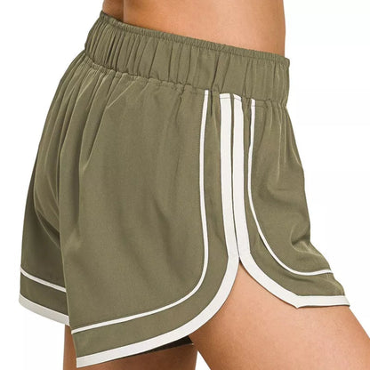 Zenana Soft Woven Lined Dolphin Shorts in Dusty Olive - side View