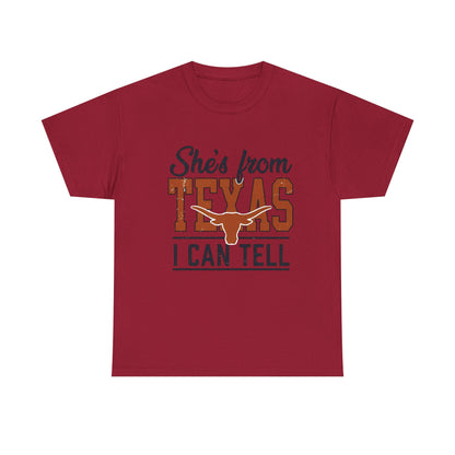 She's From Texas I Can Tell T-Shirt in Cardinal Red - Front View
