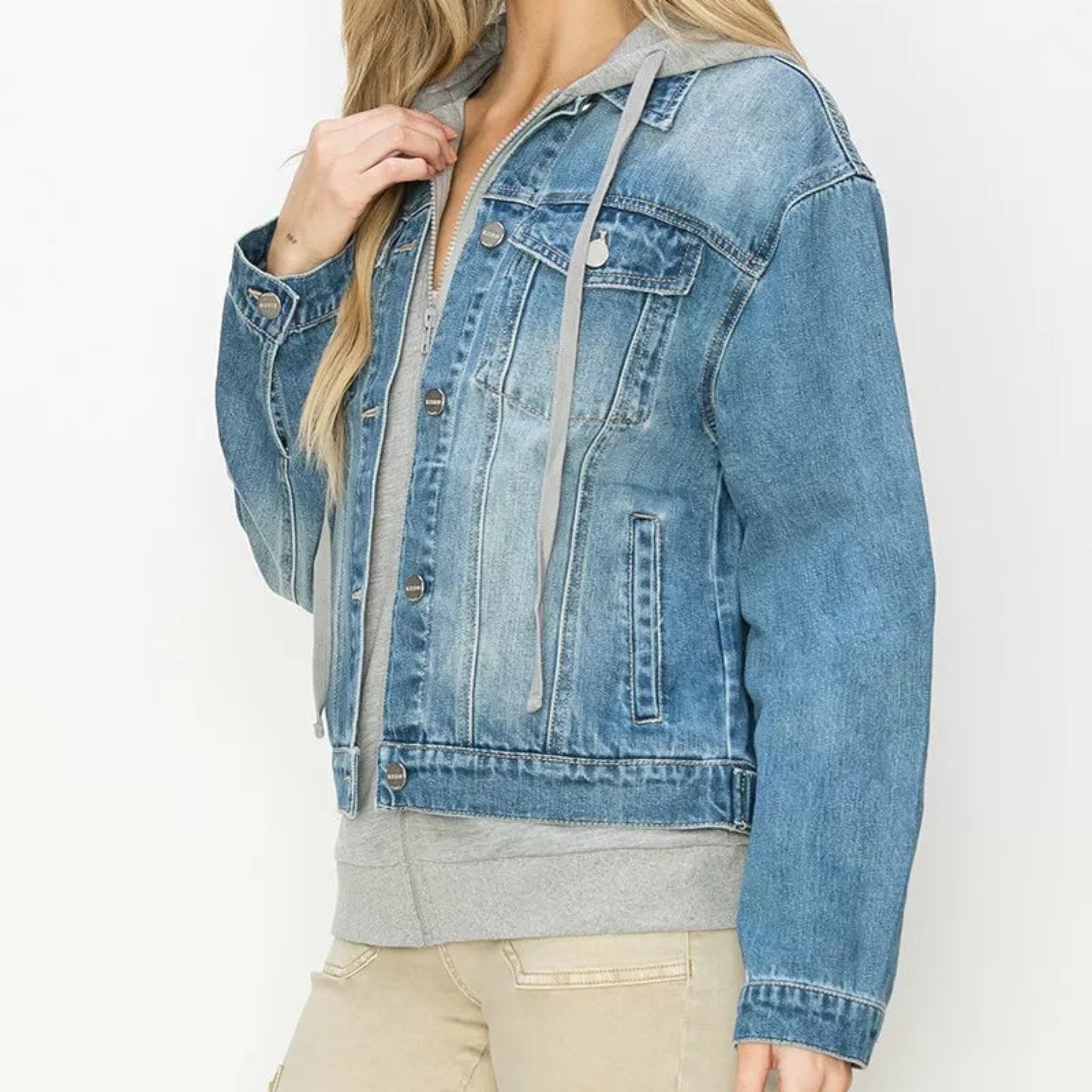 RISEN Oversized Hoodie Jacket in Medium Wash - Side View 