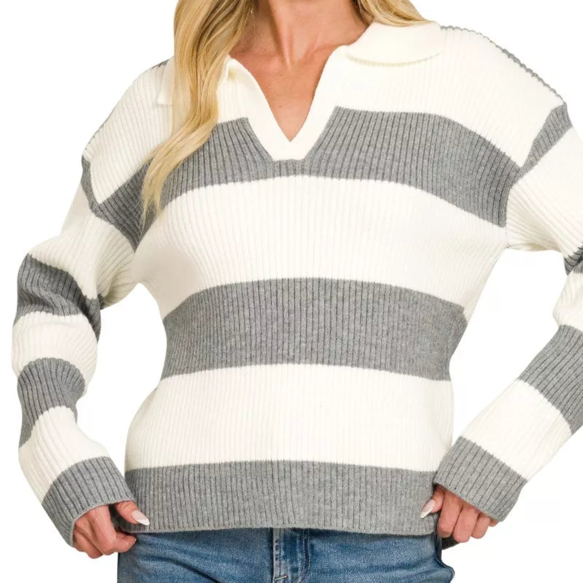 Front view of a casual striped knit sweater with a classic collar style from Solazura Boutique