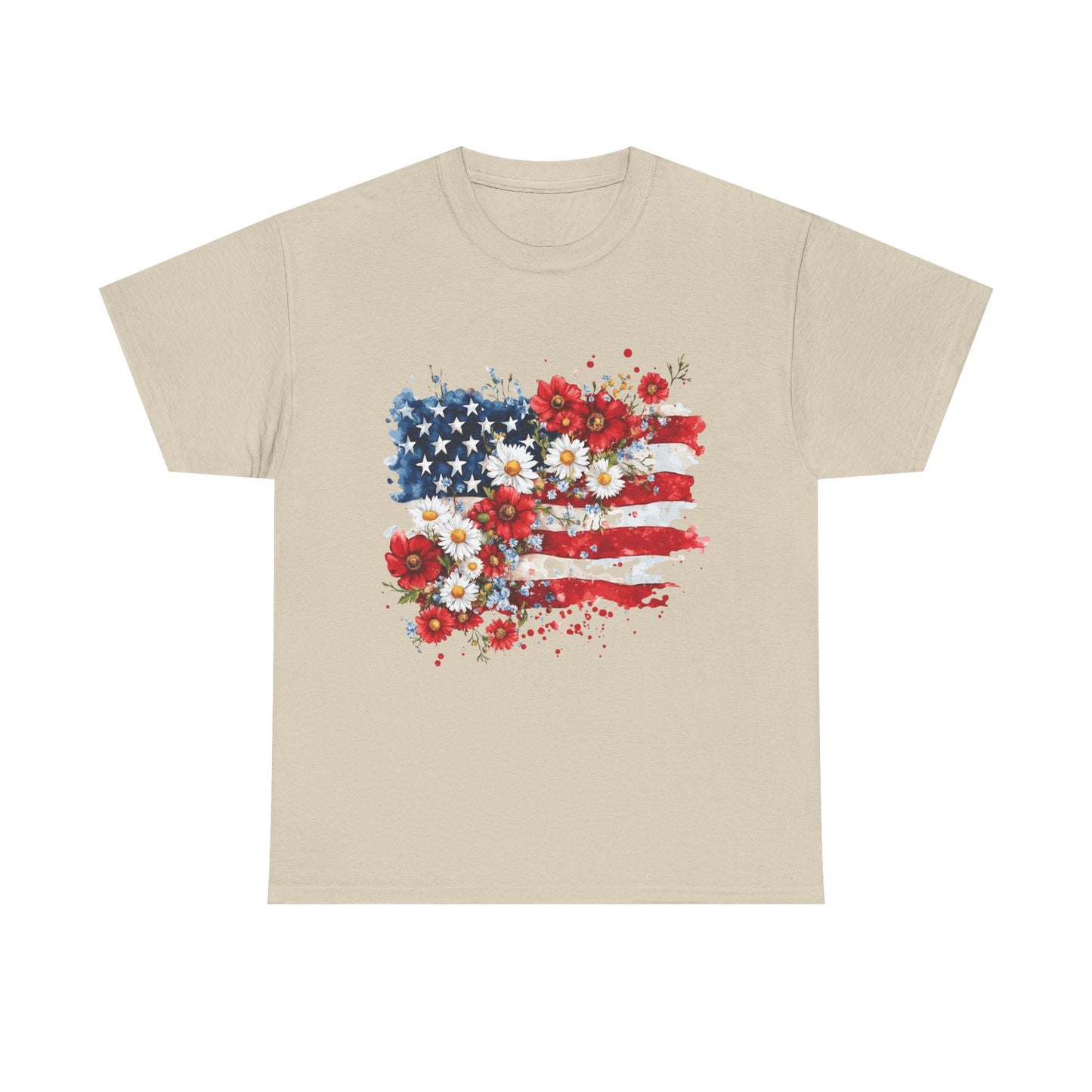 Floral Flag Patriotic T-Shirt in Sand - Front View
