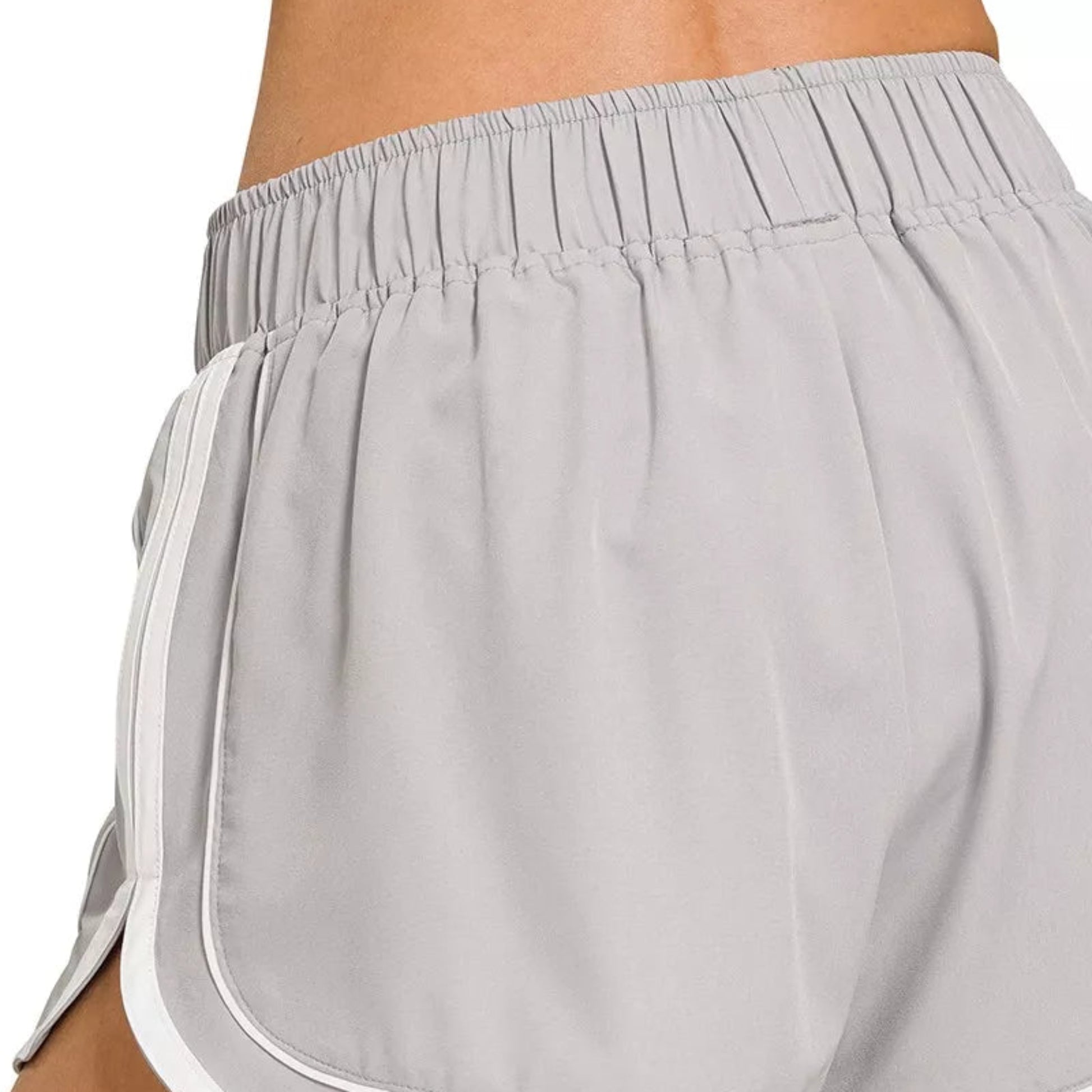 Zenana Soft Woven Lined Dolphin Shorts in Light Grey - Side View