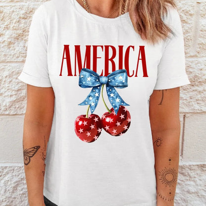 AMERICA Bow Cherry Crewneck T-Shirt in White - Lifestyle View 1