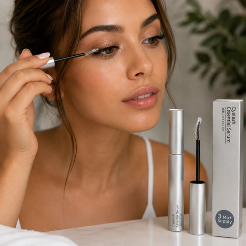 Woman applying 7-peptide eyelash serum with precision lash applicator