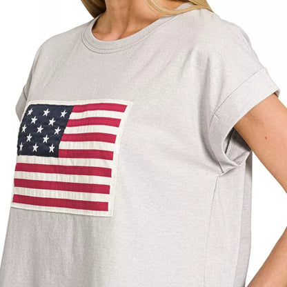 Zenana Round Neck Short Sleeve American Flag T-Shirt in Heather Grey - Side View
