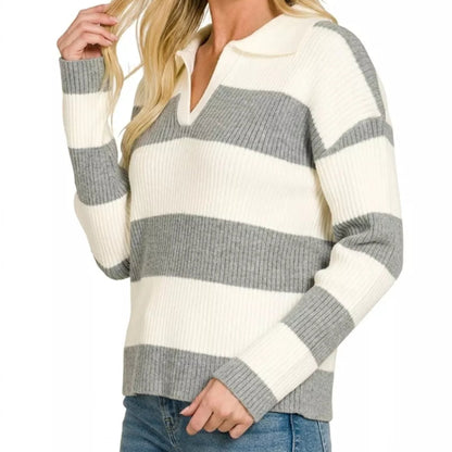 Chic preppy everyday outfit styling with a striped Zenana collared knit sweater from Solazura Boutique