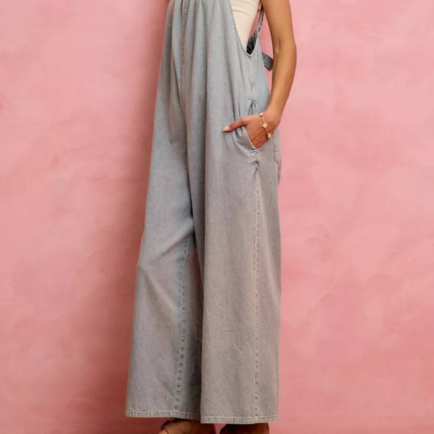 SO ME Wide Leg Lightweight Denim Overalls in Light Denim - Lifestyle View 11
