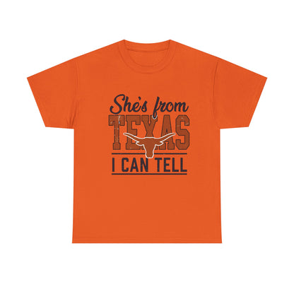 She's From Texas I Can Tell T-Shirt in Orange - Front View
