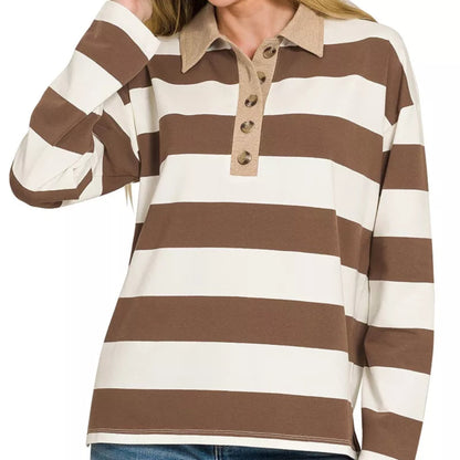 Front view of a casual brown striped knit polo top with a contrast collar from Solazura Boutique
