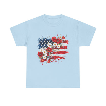 Floral Flag Patriotic T-Shirt in Light Blue - Front View
