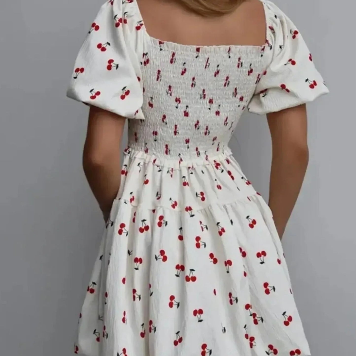 Puff Sleeve Cherry Print Smocked Mini Dress in White - Back View