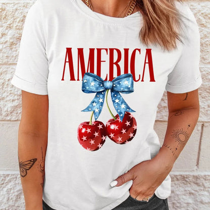 AMERICA Bow Cherry Crewneck T-Shirt in White - Front View