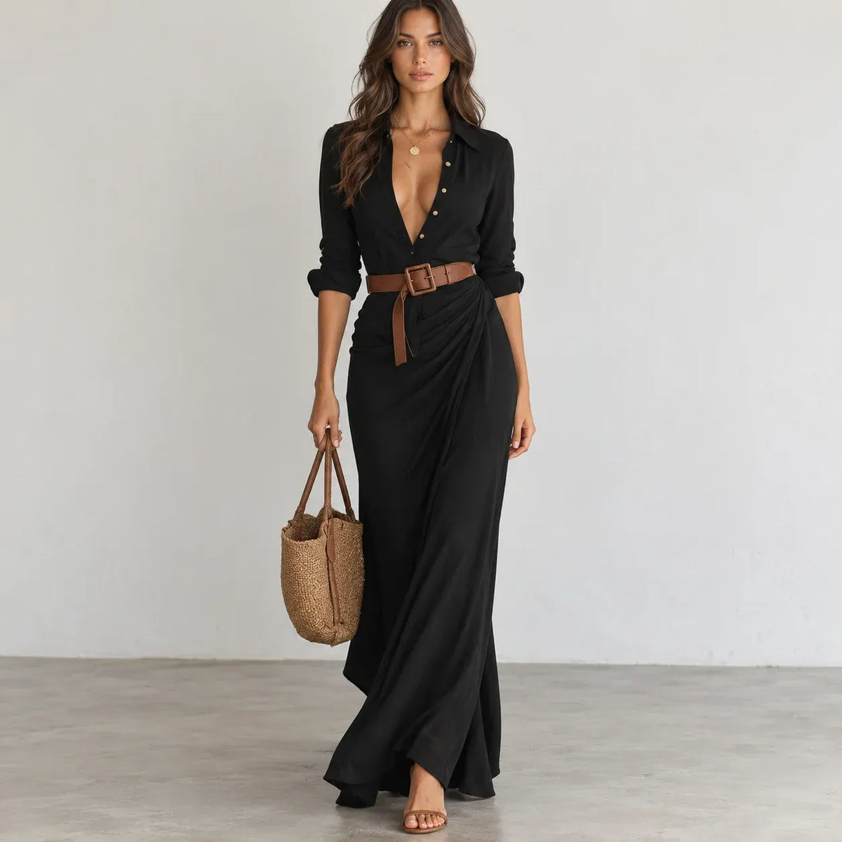 A woman models a black long-sleeve maxi shirt dress with a deep V-neck, buttoned front, and a brown belt at the waist. She is holding a woven straw tote bag and standing against a neutral light gray wall and concrete floor.