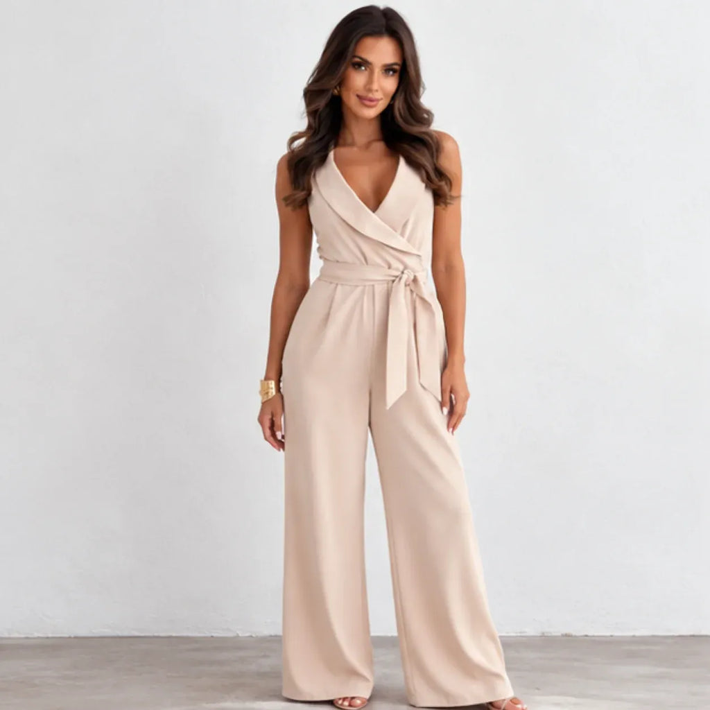 Women’s apricot wrap-front wide-leg jumpsuit with belted waist and sleeveless design