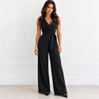 Women’s black belted wrap-front wide-leg jumpsuit with sleeveless design
