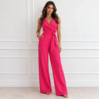 Women’s rose red belted wrap-front wide-leg jumpsuit with sleeveless design