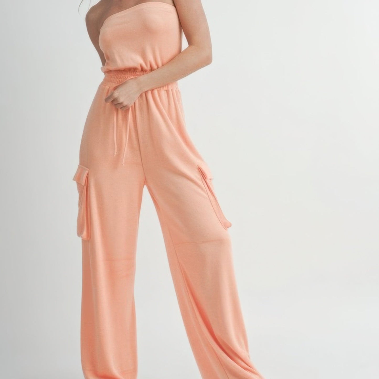 Tube Top Jumpsuit Romper in Peach - Front View 