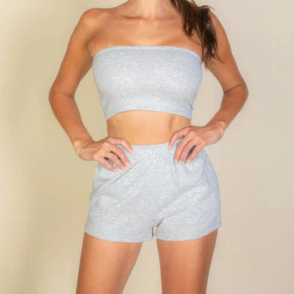 Simple Solid Color Tube Top And Shorts Two Piece Set in Heather Grey - Lifestyle View 2 