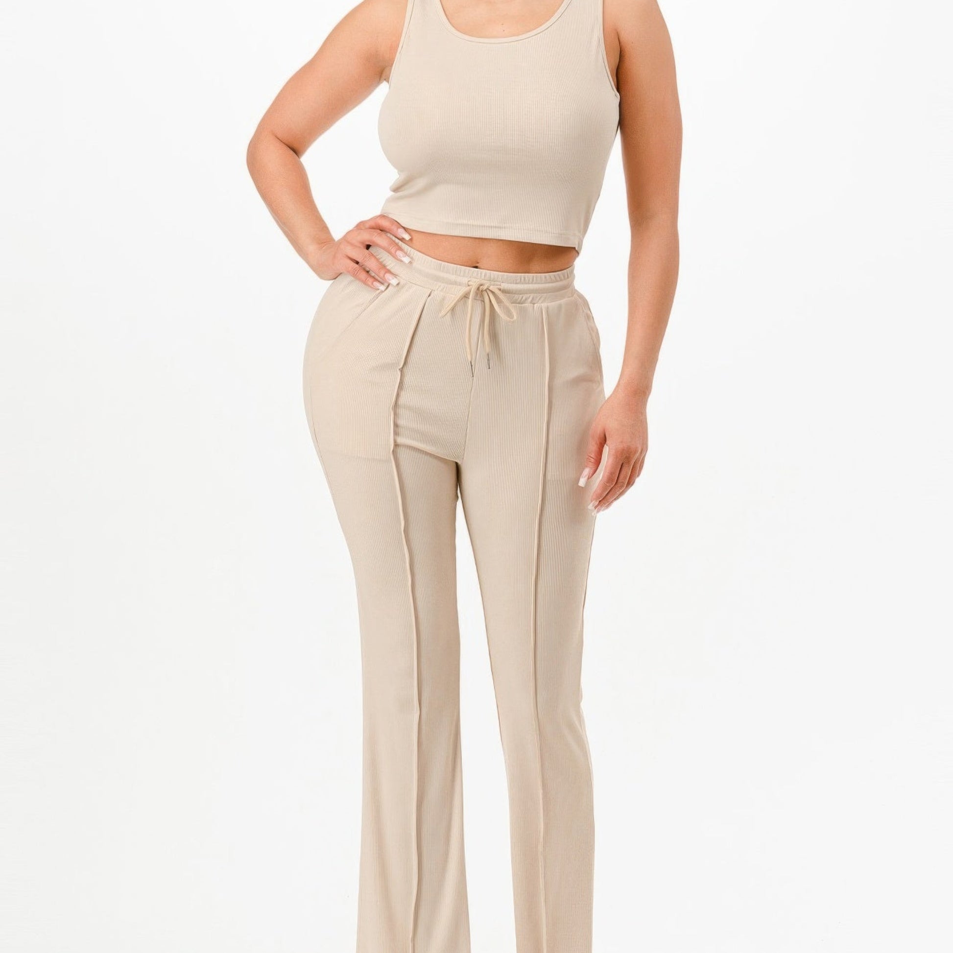 Ribbed Tank Top And Pant Two Piece Set in Khaki- Front View